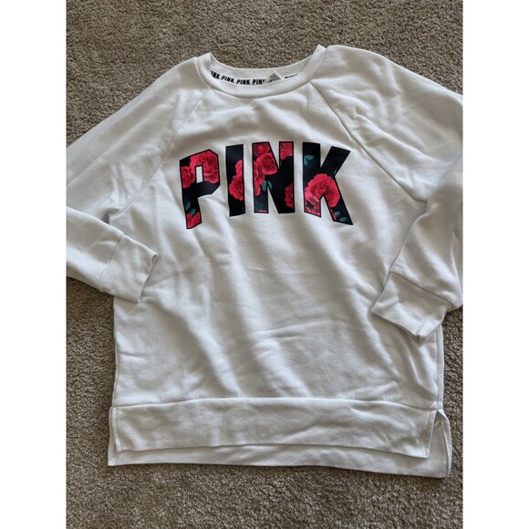 Victoria’s Secret Pink Oversized Sweatshirt White Red Roses Classic Logo Size S - Picture 2 of 4